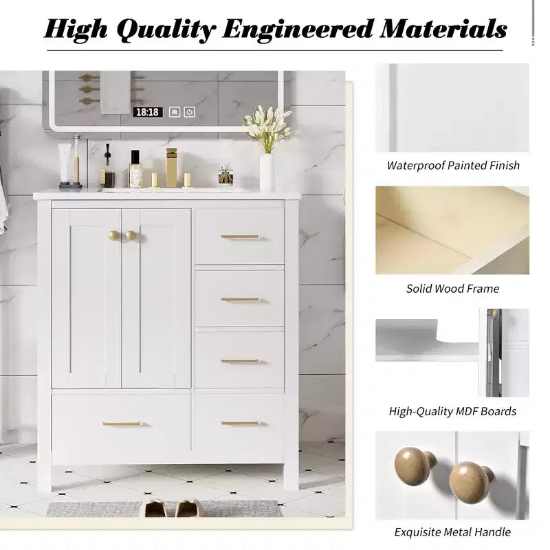 Meuble sous-vasque de salle de bain de 76 cm avec lavabo, Meuble de rangement de salle de bain avec tiroirs, Meuble sous-vasque simple avec portes à fermeture douce