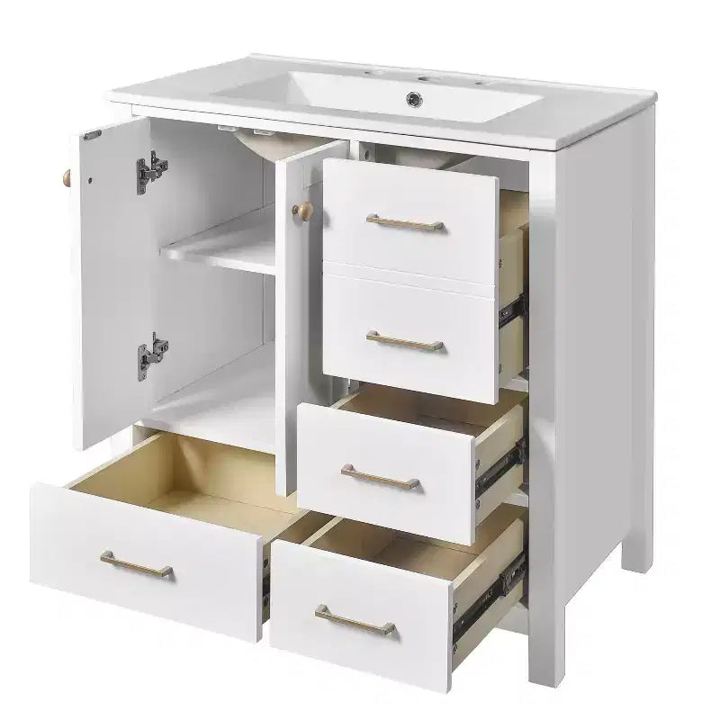 Meuble sous-vasque de salle de bain de 76 cm avec lavabo, Meuble de rangement de salle de bain avec tiroirs, Meuble sous-vasque simple avec portes à fermeture douce