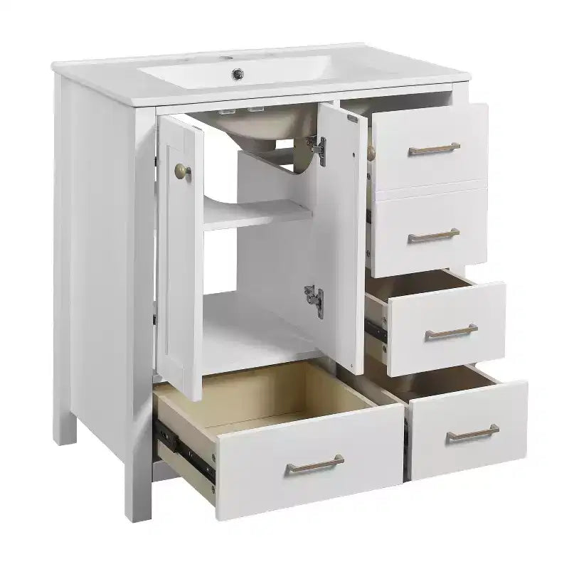 Meuble sous-vasque de salle de bain de 76 cm avec lavabo, Meuble de rangement de salle de bain avec tiroirs, Meuble sous-vasque simple avec portes à fermeture douce