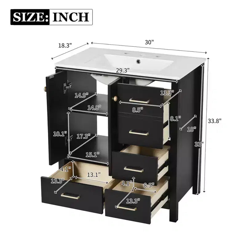 Meuble sous-vasque de salle de bain de 76 cm avec lavabo, Meuble de rangement de salle de bain avec tiroirs, Meuble sous-vasque simple avec portes à fermeture douce