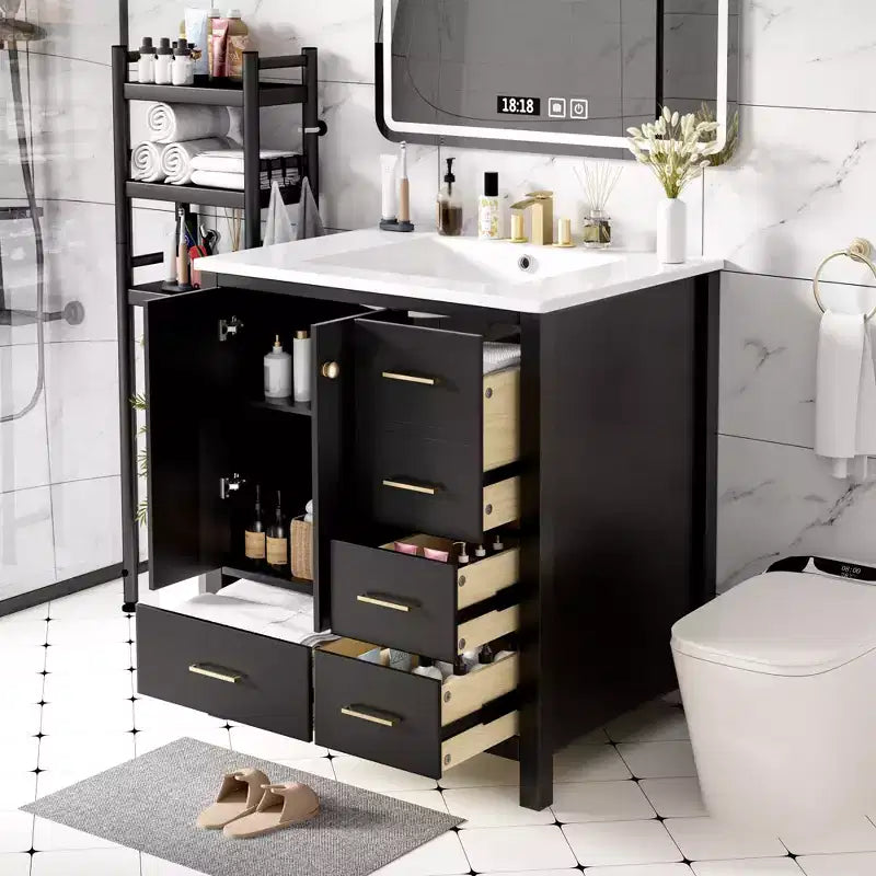 Meuble sous-vasque de salle de bain de 76 cm avec lavabo, Meuble de rangement de salle de bain avec tiroirs, Meuble sous-vasque simple avec portes à fermeture douce