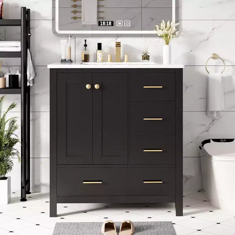Meuble sous-vasque de salle de bain de 76 cm avec lavabo, Meuble de rangement de salle de bain avec tiroirs, Meuble sous-vasque simple avec portes à fermeture douce