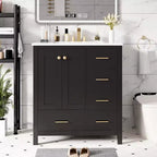 Meuble sous-vasque de salle de bain de 76 cm avec lavabo, Meuble de rangement de salle de bain avec tiroirs, Meuble sous-vasque simple avec portes à fermeture douce