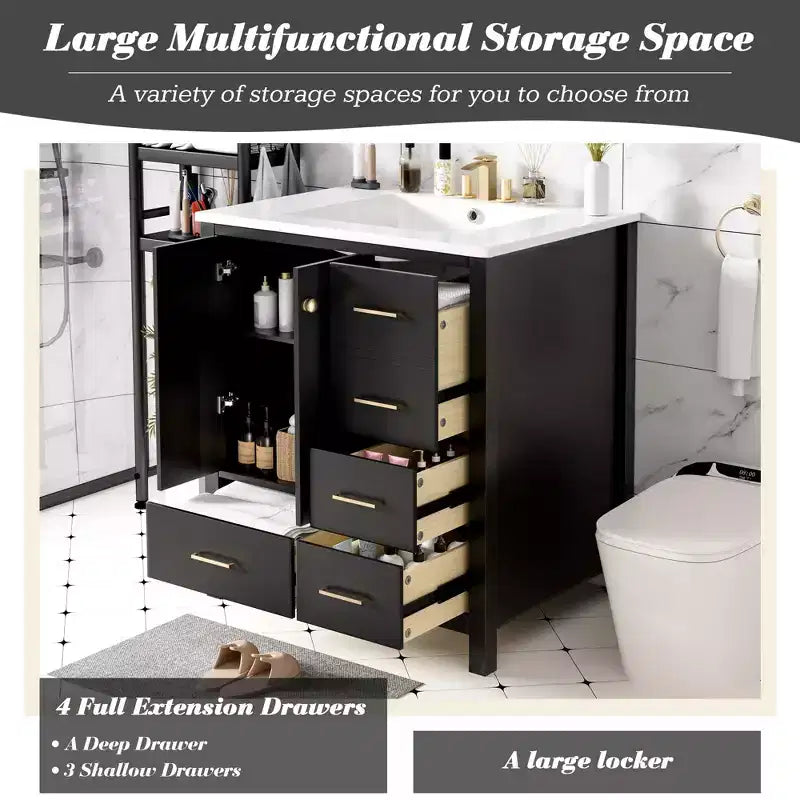 Meuble sous-vasque de salle de bain de 76 cm avec lavabo, Meuble de rangement de salle de bain avec tiroirs, Meuble sous-vasque simple avec portes à fermeture douce