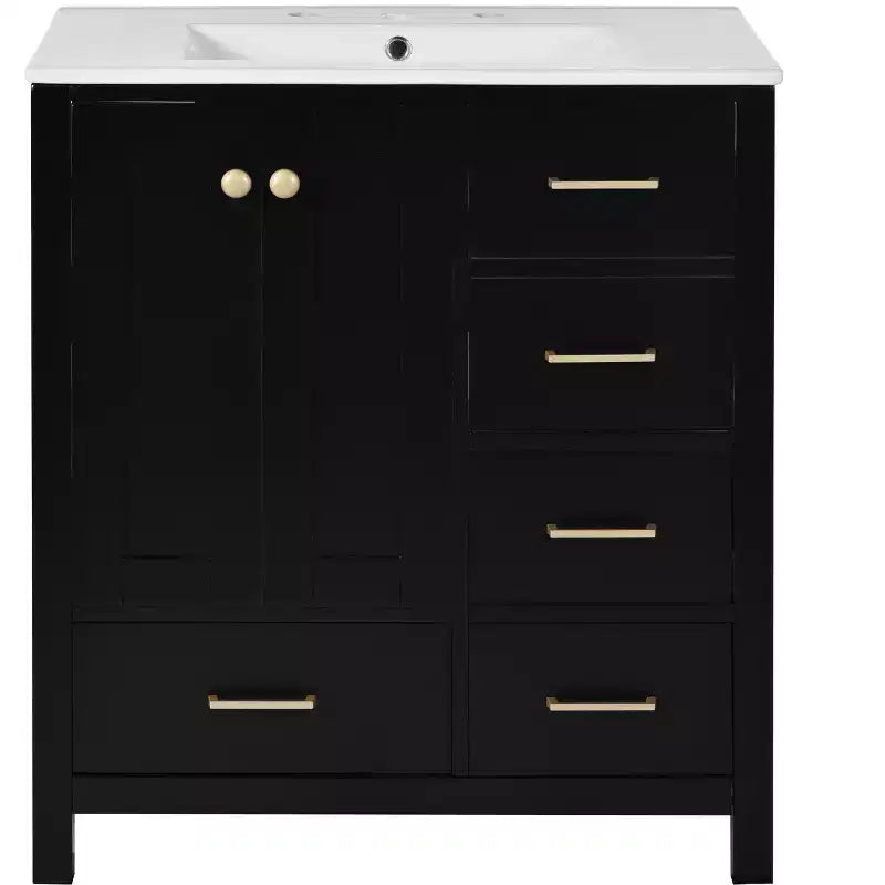 Meuble sous-vasque de salle de bain de 76 cm avec lavabo, Meuble de rangement de salle de bain avec tiroirs, Meuble sous-vasque simple avec portes à fermeture douce