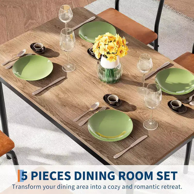 Ensemble de salle à manger 5 pièces, ensemble de table de cuisine en bois avec 4 chaises rembourrées en PU, ensemble de dînette avec cadre en métal industriel