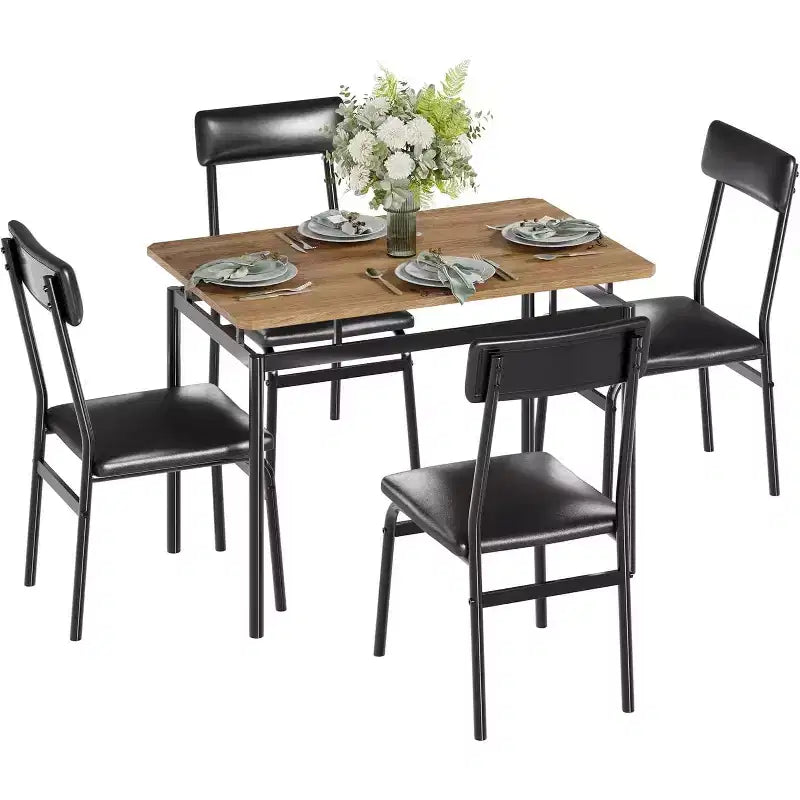 Ensemble de salle à manger 5 pièces, ensemble de table de cuisine en bois avec 4 chaises rembourrées en PU, ensemble de dînette avec cadre en métal industriel