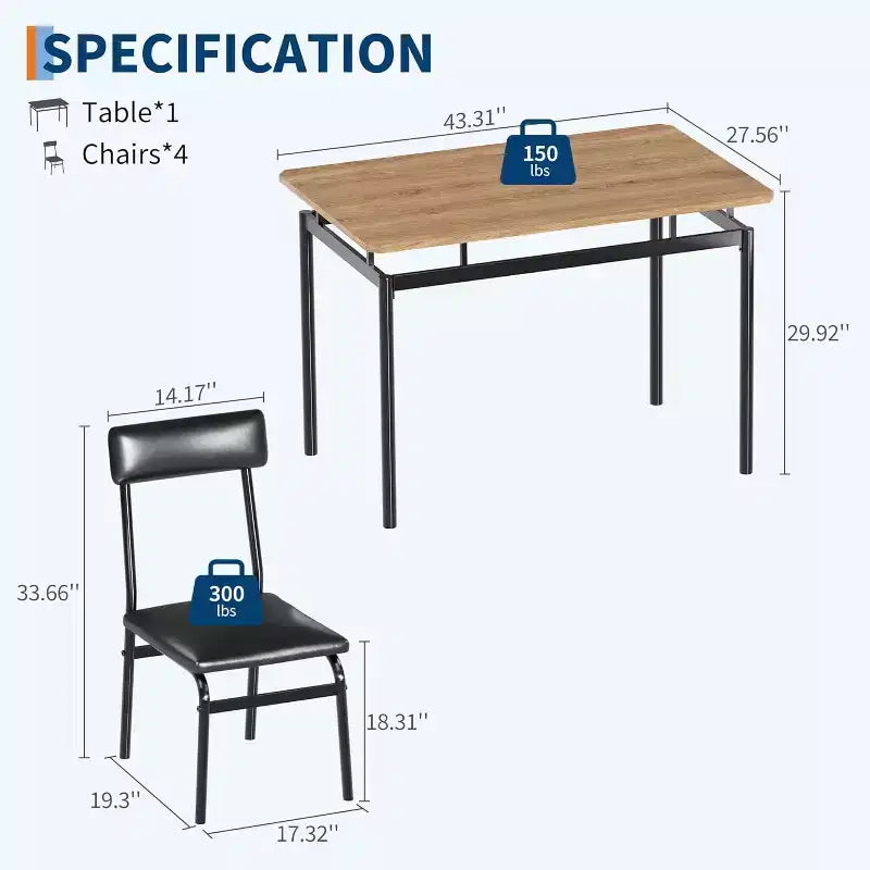 Ensemble de salle à manger 5 pièces, ensemble de table de cuisine en bois avec 4 chaises rembourrées en PU, ensemble de dînette avec cadre en métal industriel