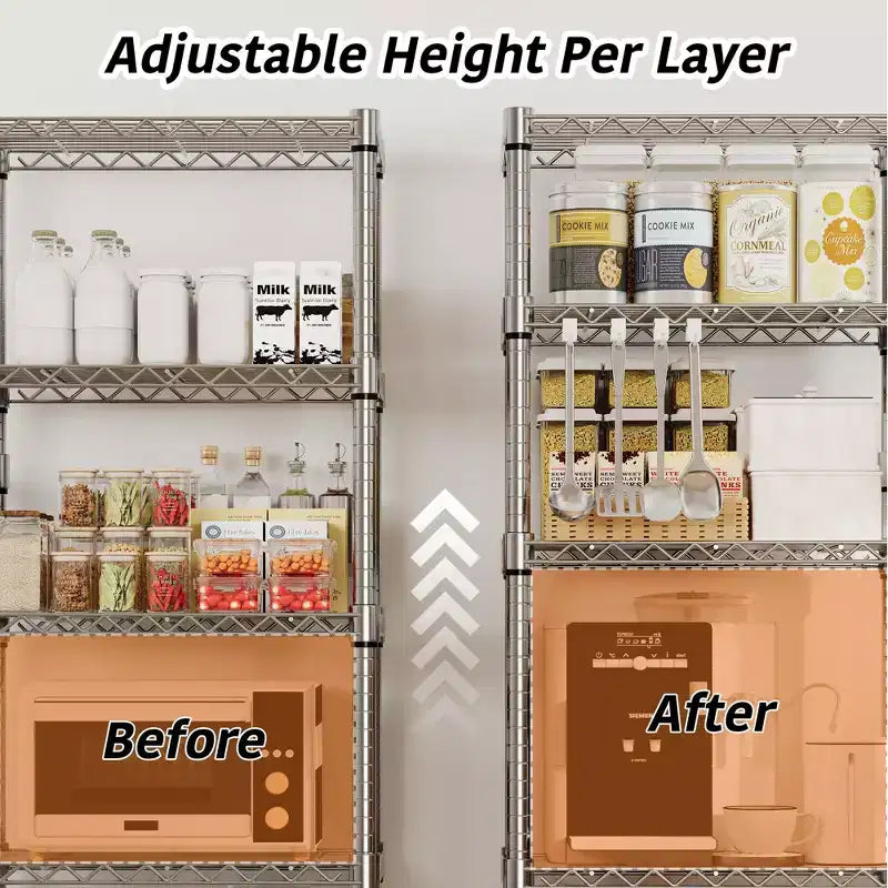 5-Tier Metal Storage Shelves with Wheels & Handle, Adjustable Wire Rack for Kitchen, Garage or Pantry, 1100LBS Capacity, Silver