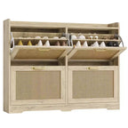 Garvee Rattan Shoe Storage Cabinet with 4 Flip Drawers, Hidden Shoe Storage Organizer Cabinet, Wide Freestanding Wood Breathable Shoe Rack Cabinet