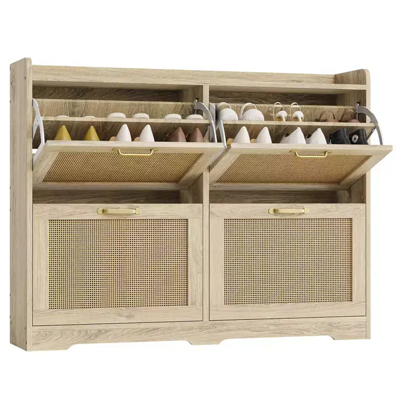 Garvee Rattan Shoe Storage Cabinet with 4 Flip Drawers, Hidden Shoe Storage Organizer Cabinet, Wide Freestanding Wood Breathable Shoe Rack Cabinet