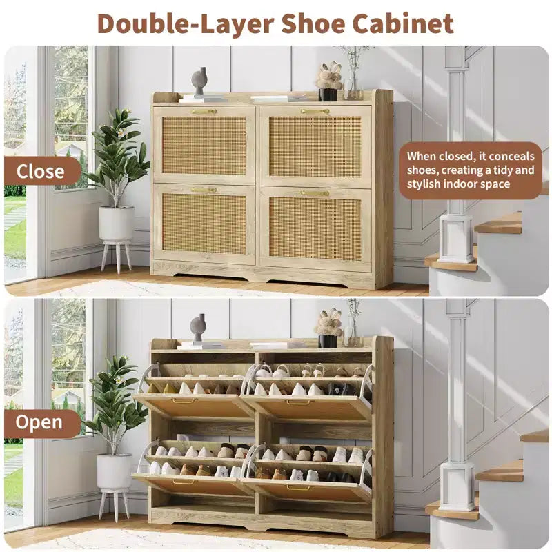 Meuble à chaussures Garvee en rotin avec 4 tiroirs basculants, meuble de rangement de chaussures dissimulé, grand meuble à chaussures autoportant en bois respirant