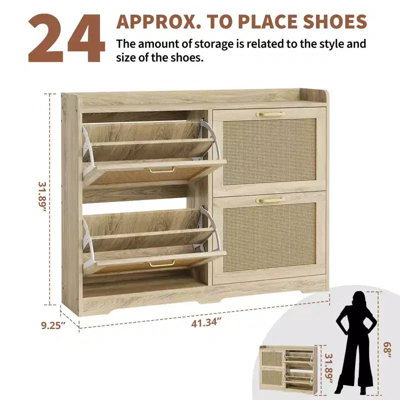 Meuble à chaussures Garvee en rotin avec 4 tiroirs basculants, meuble de rangement de chaussures dissimulé, grand meuble à chaussures autoportant en bois respirant