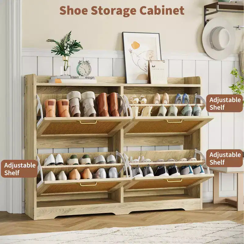 Meuble à chaussures Garvee en rotin avec 4 tiroirs basculants, meuble de rangement de chaussures dissimulé, grand meuble à chaussures autoportant en bois respirant