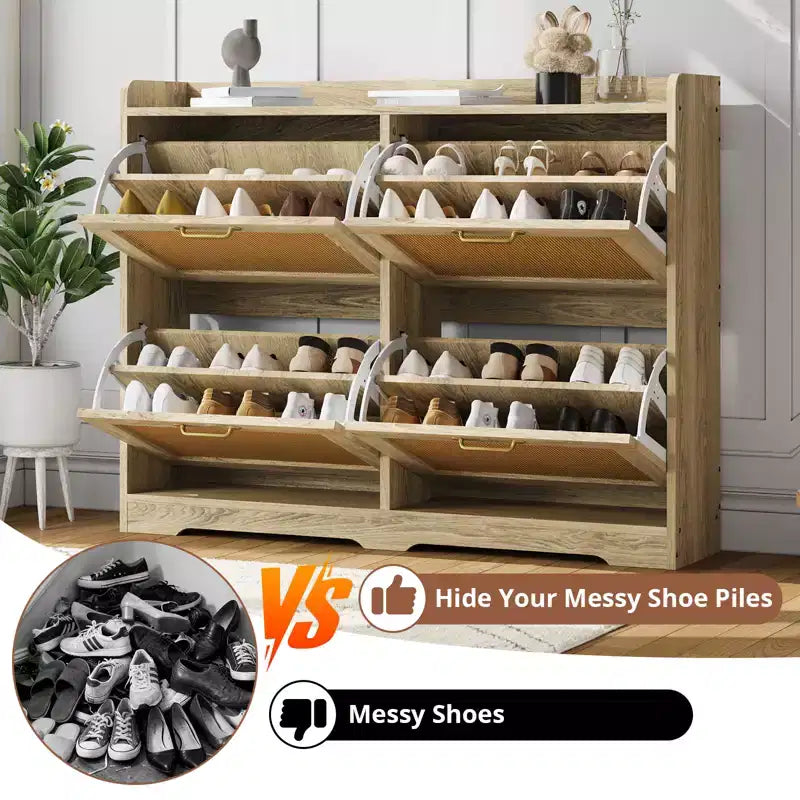 Meuble à chaussures Garvee en rotin avec 4 tiroirs basculants, meuble de rangement de chaussures dissimulé, grand meuble à chaussures autoportant en bois respirant