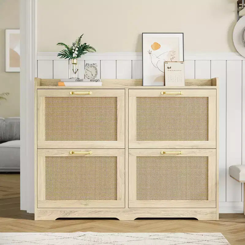 Meuble à chaussures Garvee en rotin avec 4 tiroirs basculants, meuble de rangement de chaussures dissimulé, grand meuble à chaussures autoportant en bois respirant