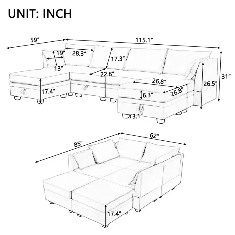 Canapé sectionnel, canapé d'angle en U avec méridienne réversible, canapé-lit convertible avec rangement supplémentaire pour salon, bureau, chambre à coucher beige