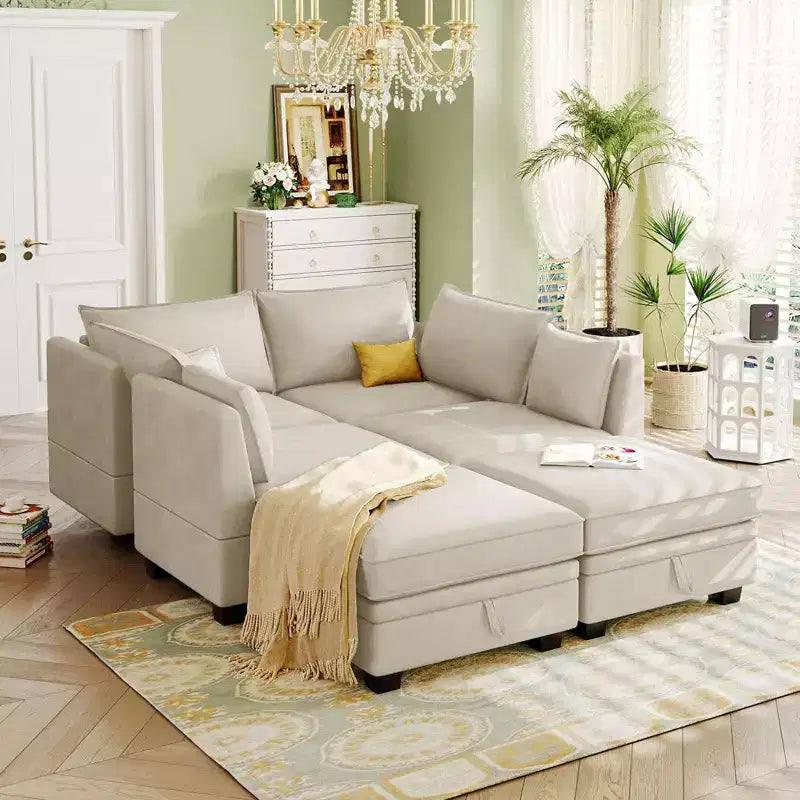 Canapé sectionnel, canapé d'angle en U avec méridienne réversible, canapé-lit convertible avec rangement supplémentaire pour salon, bureau, chambre à coucher beige