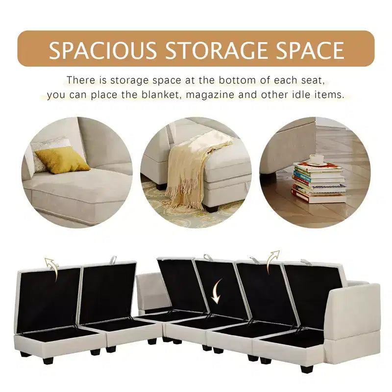 Canapé sectionnel, canapé d'angle en U avec méridienne réversible, canapé-lit convertible avec rangement supplémentaire pour salon, bureau, chambre à coucher beige