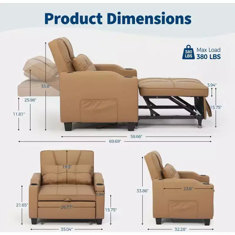 Canapé-lit convertible USB-Massage 3-en-1, inclinable de 110 à 180°, porte-gobelets, poches latérales, 172 kg, 4 positions – Idéal pour chambre d’étudiant et invités