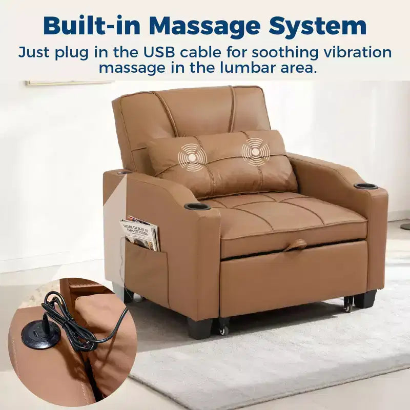 Canapé-lit convertible USB-Massage 3-en-1, inclinable de 110 à 180°, porte-gobelets, poches latérales, 172 kg, 4 positions – Idéal pour chambre d’étudiant et invités