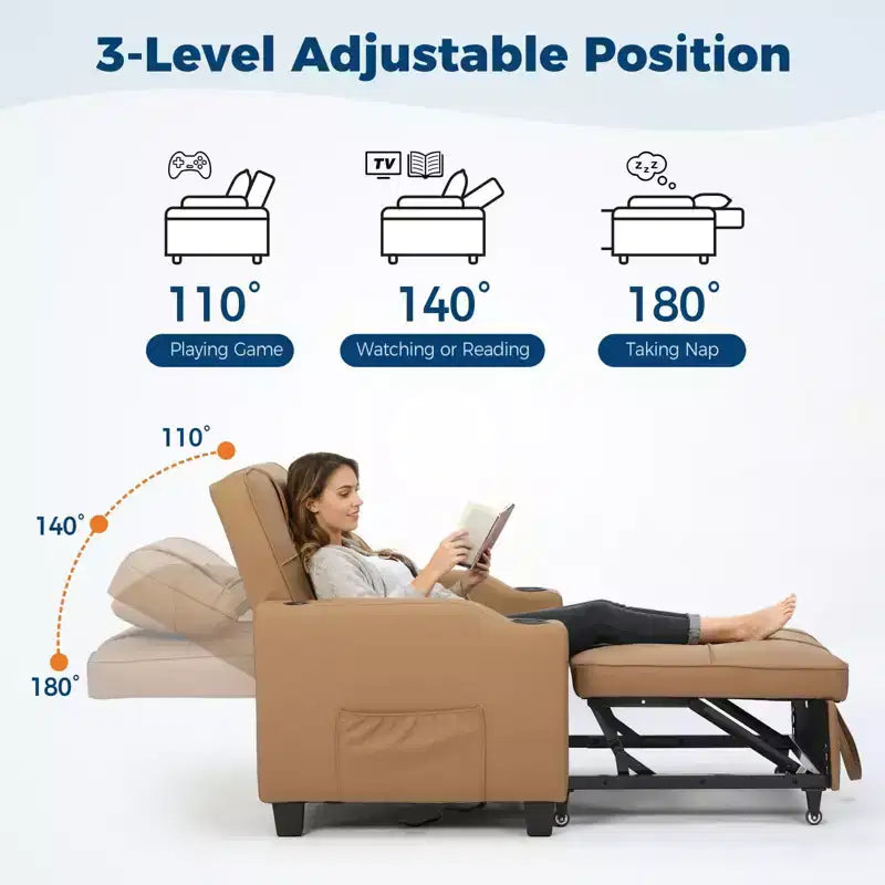 Canapé-lit convertible USB-Massage 3-en-1, inclinable de 110 à 180°, porte-gobelets, poches latérales, 172 kg, 4 positions – Idéal pour chambre d’étudiant et invités