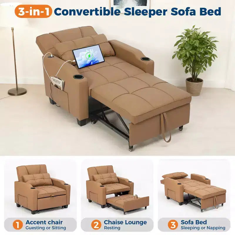 Canapé-lit convertible USB-Massage 3-en-1, inclinable de 110 à 180°, porte-gobelets, poches latérales, 172 kg, 4 positions – Idéal pour chambre d’étudiant et invités