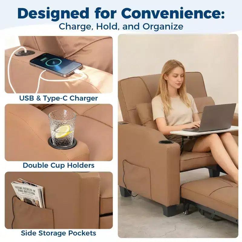 Canapé-lit convertible USB-Massage 3-en-1, inclinable de 110 à 180°, porte-gobelets, poches latérales, 172 kg, 4 positions – Idéal pour chambre d’étudiant et invités