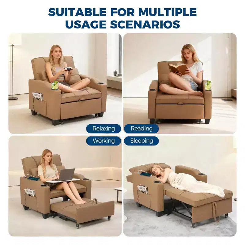 Canapé-lit convertible USB-Massage 3-en-1, inclinable de 110 à 180°, porte-gobelets, poches latérales, 172 kg, 4 positions – Idéal pour chambre d’étudiant et invités