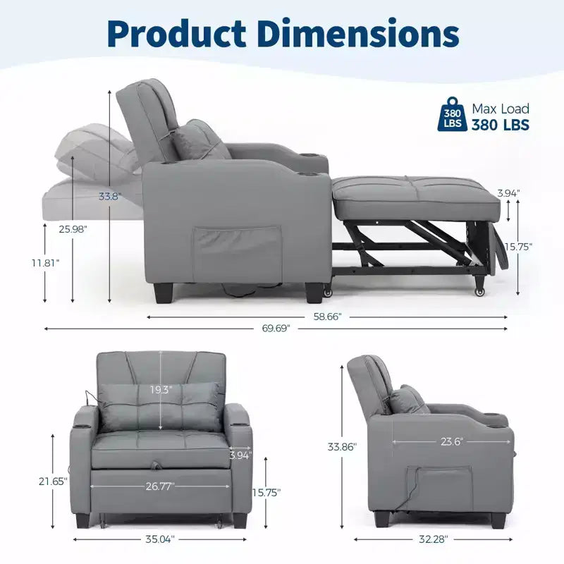 Canapé-lit convertible USB-Massage 3-en-1, inclinable de 110 à 180°, porte-gobelets, poches latérales, 172 kg, 4 positions – Idéal pour chambre d’étudiant et invités