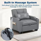 Canapé-lit convertible USB-Massage 3-en-1, inclinable de 110 à 180°, porte-gobelets, poches latérales, 172 kg, 4 positions – Idéal pour chambre d’étudiant et invités