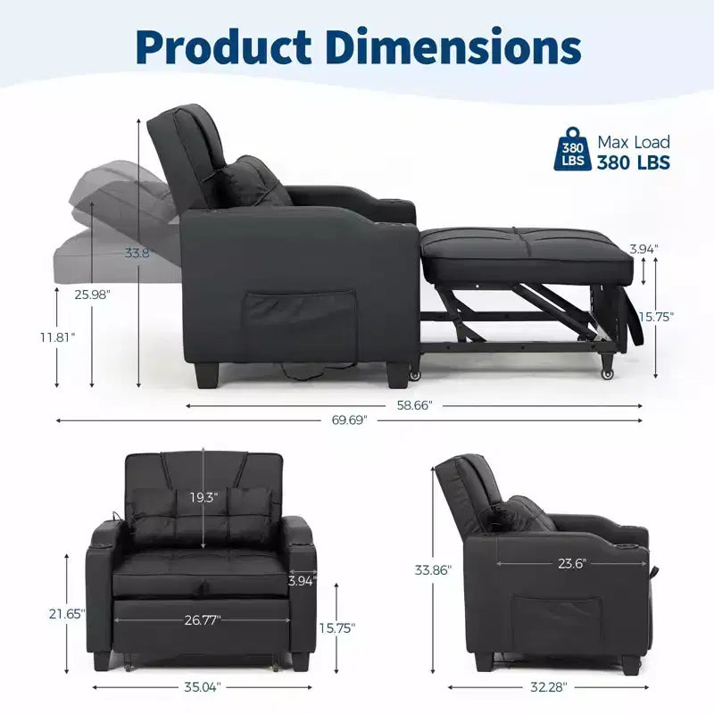 Canapé-lit convertible USB-Massage 3-en-1, inclinable de 110 à 180°, porte-gobelets, poches latérales, 172 kg, 4 positions – Idéal pour chambre d’étudiant et invités