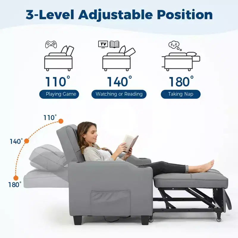 Canapé-lit convertible USB-Massage 3-en-1, inclinable de 110 à 180°, porte-gobelets, poches latérales, 172 kg, 4 positions – Idéal pour chambre d’étudiant et invités