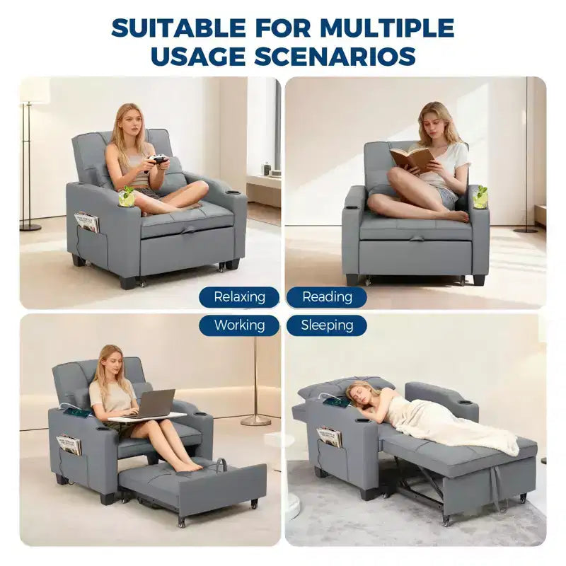 Canapé-lit convertible USB-Massage 3-en-1, inclinable de 110 à 180°, porte-gobelets, poches latérales, 172 kg, 4 positions – Idéal pour chambre d’étudiant et invités