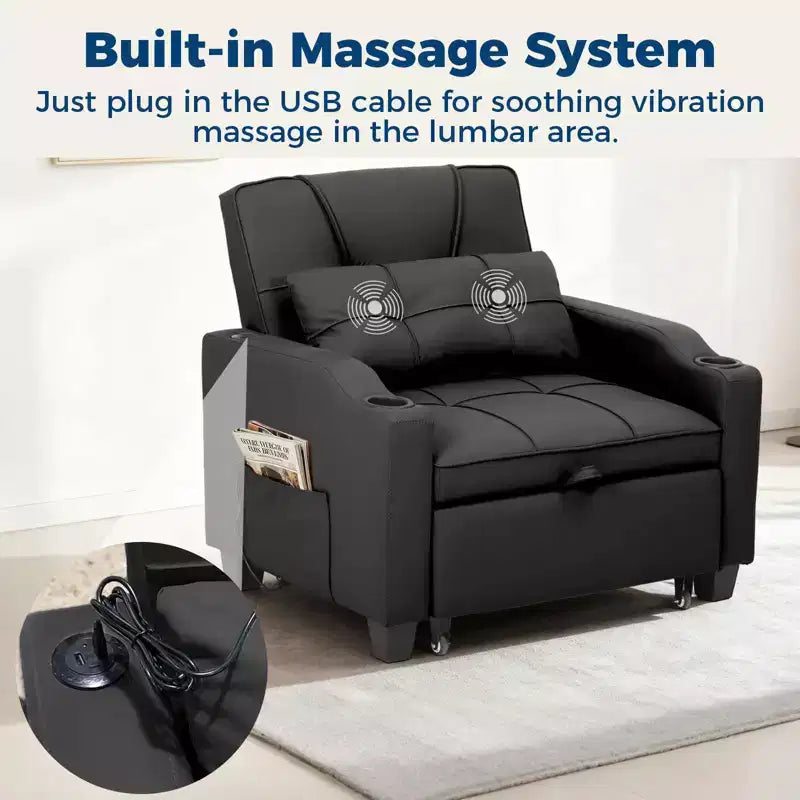 Canapé-lit convertible USB-Massage 3-en-1, inclinable de 110 à 180°, porte-gobelets, poches latérales, 172 kg, 4 positions – Idéal pour chambre d’étudiant et invités