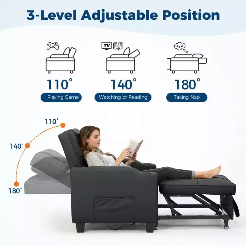 Canapé-lit convertible USB-Massage 3-en-1, inclinable de 110 à 180°, porte-gobelets, poches latérales, 172 kg, 4 positions – Idéal pour chambre d’étudiant et invités