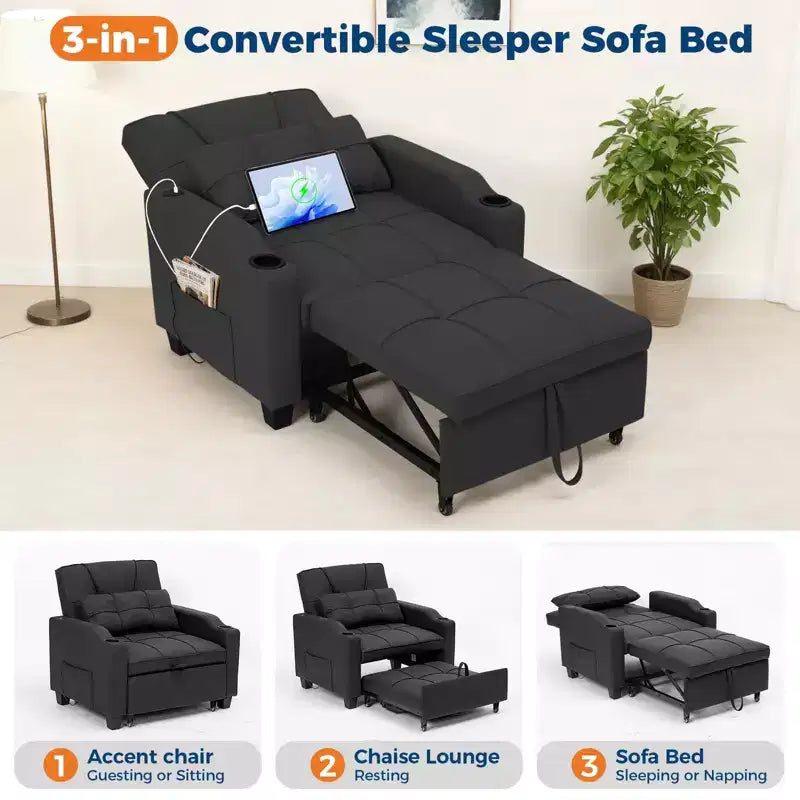 Canapé-lit convertible USB-Massage 3-en-1, inclinable de 110 à 180°, porte-gobelets, poches latérales, 172 kg, 4 positions – Idéal pour chambre d’étudiant et invités