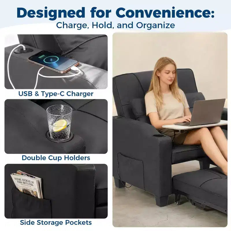 Canapé-lit convertible USB-Massage 3-en-1, inclinable de 110 à 180°, porte-gobelets, poches latérales, 172 kg, 4 positions – Idéal pour chambre d’étudiant et invités