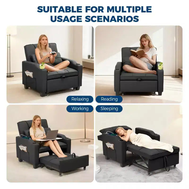 Canapé-lit convertible USB-Massage 3-en-1, inclinable de 110 à 180°, porte-gobelets, poches latérales, 172 kg, 4 positions – Idéal pour chambre d’étudiant et invités