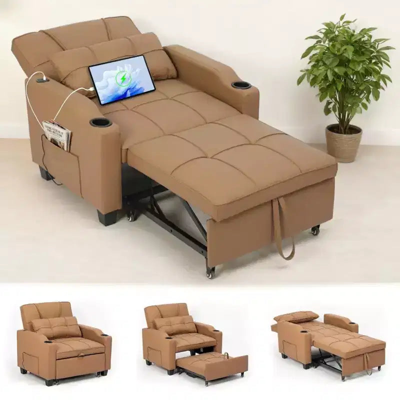 Canapé-lit convertible USB-Massage 3-en-1, inclinable de 110 à 180°, porte-gobelets, poches latérales, 172 kg, 4 positions – Idéal pour chambre d’étudiant et invités