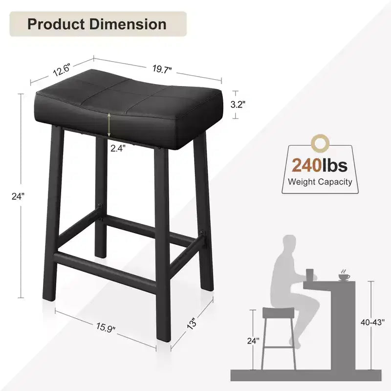Lot de 2 tabourets de bar à hauteur de comptoir, en cuir PU avec pieds en métal robuste, sièges épais en forme de selle, tabourets de petit-déjeuner
