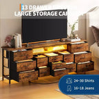 COZONY 70 Commode Noire avec 13 Tiroirs en Tissu et Lumières LED, Meuble TV Large avec Cadre Métallique pour Chambre et Salon