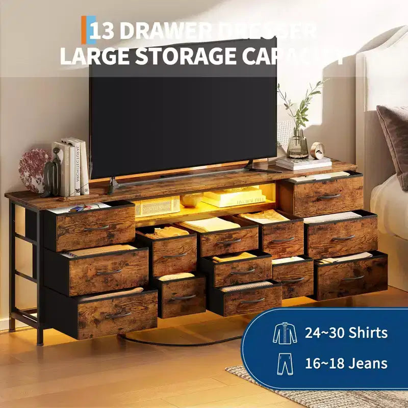 COZONY 70 Commode Noire avec 13 Tiroirs en Tissu et Lumières LED, Meuble TV Large avec Cadre Métallique pour Chambre et Salon