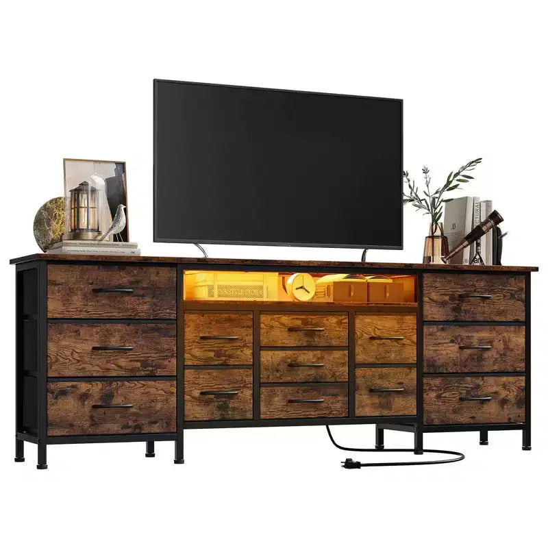 COZONY 70 Commode Noire avec 13 Tiroirs en Tissu et Lumières LED, Meuble TV Large avec Cadre Métallique pour Chambre et Salon
