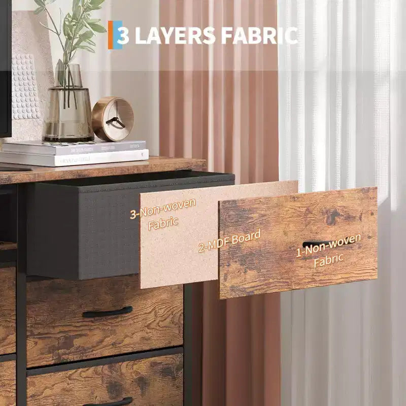 COZONY 70 Commode Noire avec 13 Tiroirs en Tissu et Lumières LED, Meuble TV Large avec Cadre Métallique pour Chambre et Salon