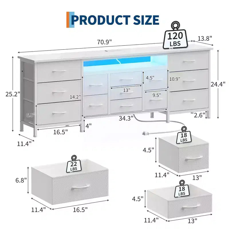COZONY 70 Commode Noire avec 13 Tiroirs en Tissu et Lumières LED, Meuble TV Large avec Cadre Métallique pour Chambre et Salon