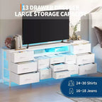 COZONY 70 Commode Noire avec 13 Tiroirs en Tissu et Lumières LED, Meuble TV Large avec Cadre Métallique pour Chambre et Salon