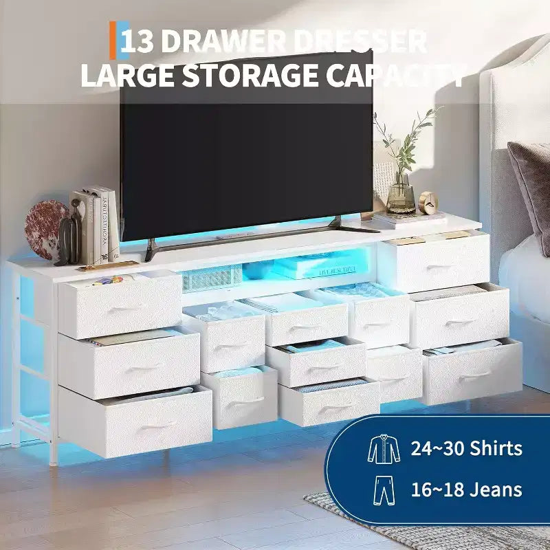 COZONY 70 Commode Noire avec 13 Tiroirs en Tissu et Lumières LED, Meuble TV Large avec Cadre Métallique pour Chambre et Salon