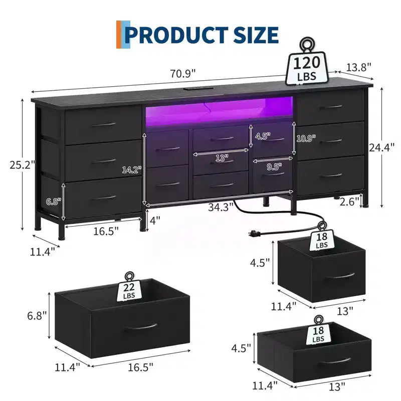 COZONY 70 Commode Noire avec 13 Tiroirs en Tissu et Lumières LED, Meuble TV Large avec Cadre Métallique pour Chambre et Salon