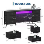 COZONY 70 Commode Noire avec 13 Tiroirs en Tissu et Lumières LED, Meuble TV Large avec Cadre Métallique pour Chambre et Salon